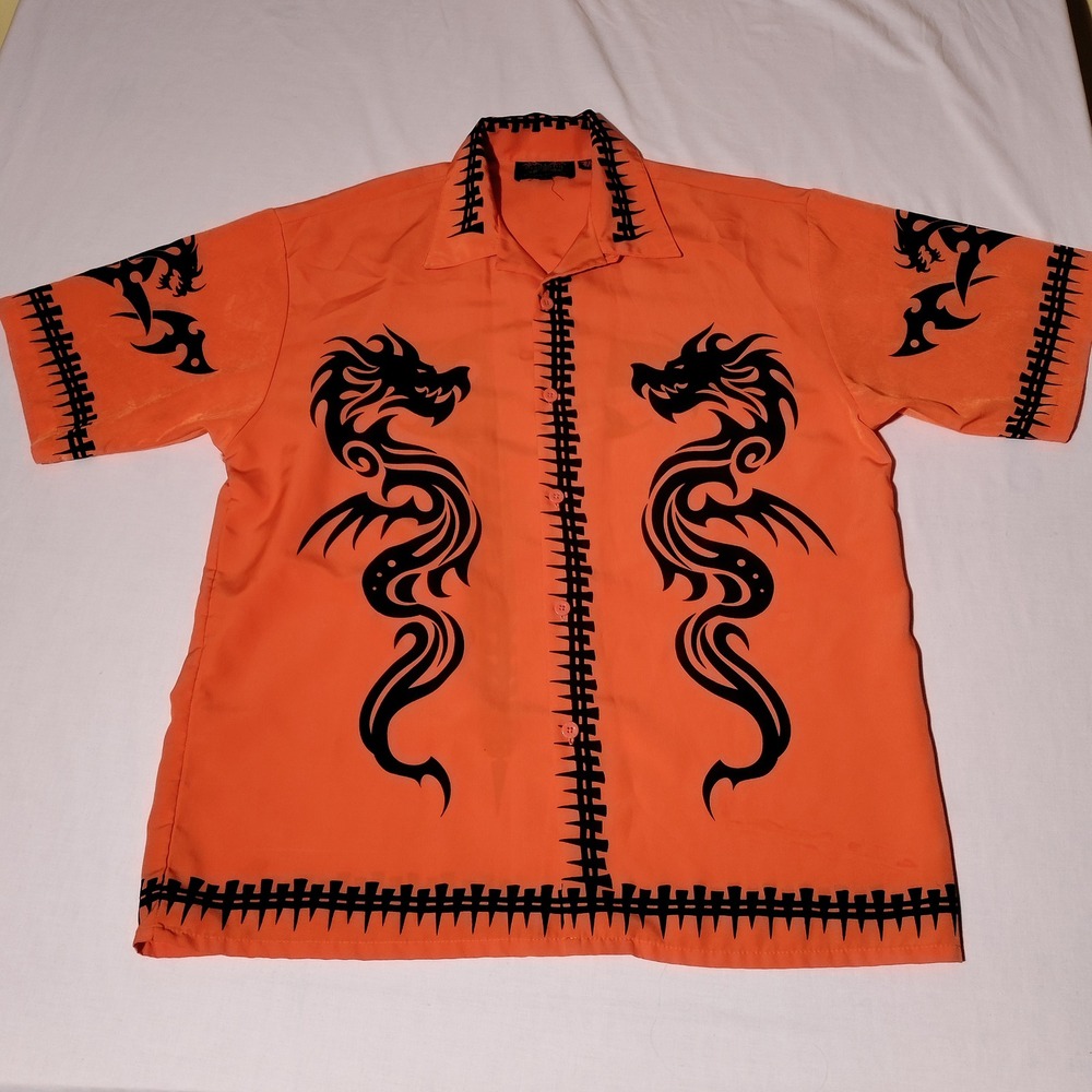 Dragonfly Clothing Company Orange Dragon Print Short Sleeve Button Up Shirt XL